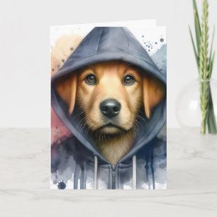 Aquarel kunstwerk bruine hond in een hoodie spatte kaart