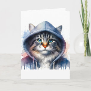 Aquarel kunstwerk tabby kat in een hoodie spatten kaart