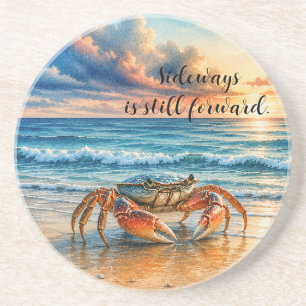 Aquarel Kustkrab op Zandstrand met citaat Zandsteen Onderzetter