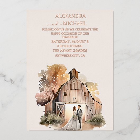 Aquarel Landelijke Schuur Huwelijk Folie Uitnodiging (Voorkant)