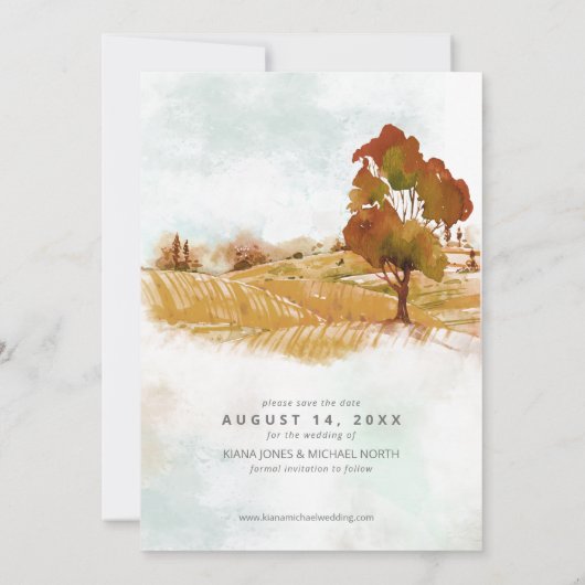 Aquarel Landschap Bruiloft Herfst Goud ID786 Save The Date (Achterkant)