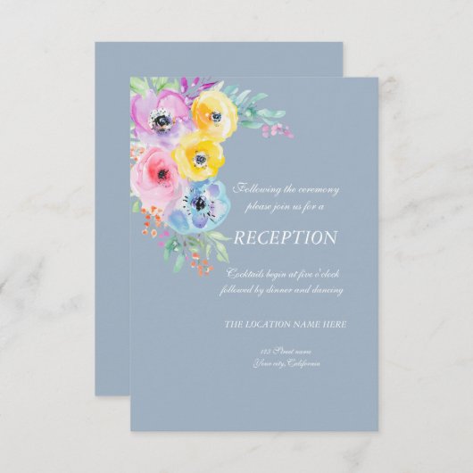 Aquarel Lente Bloemen Stof Blauw Uitnodiging (Voorkant / Achterkant)