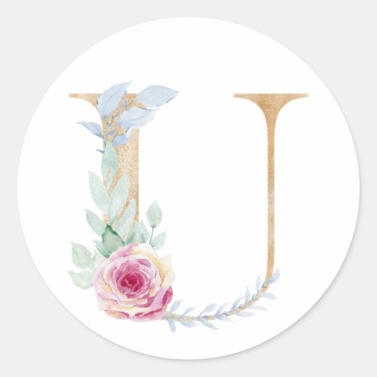 Aquarel letter U met rozen Ronde Sticker (Voorkant)