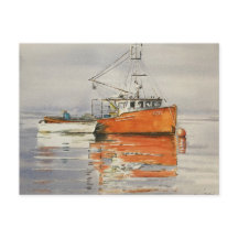 Aquarel Maine vissersboot oceaan oranje sereen 