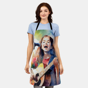 Aquarel Meisje dat Zingt en Gitaar Speelt, Kleur Schort