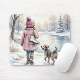 Aquarel Meisje Met Schaatsen en Hond Muismat