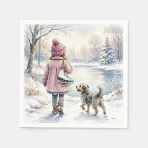 Aquarel Meisje Met Schaatsen en Hond Servet