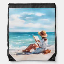 AQUAREL MEISJE OP HET STRAND LEZEND IN EEN BOEK