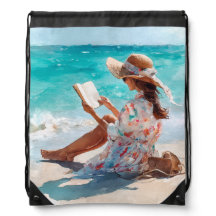 AQUAREL MEISJE OP HET STRAND LEZENDE EEN BOEK