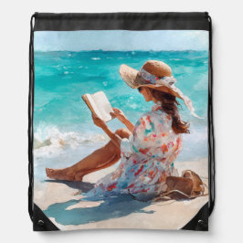 AQUAREL MEISJE OP HET STRAND LEZENDE EEN BOEK
