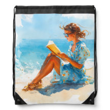 AQUAREL MEISJE OP HET STRAND LEZENDE EEN BOEK