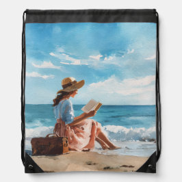 AQUAREL MEISJE OP HET STRAND LEZENDE EEN BOEK