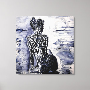 Aquarel - Natuur Dame - Zwart & Wit Canvas Afdruk