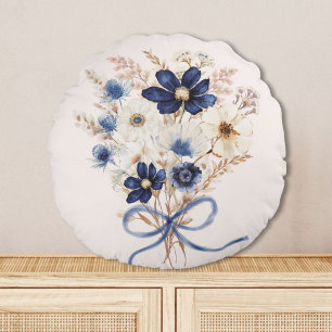 Aquarel Navy Blauwe Bloemboeket Bloemstuk Rond Kussen