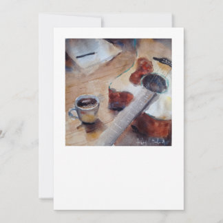 Aquarel notitiekaart van koffie en gitaar