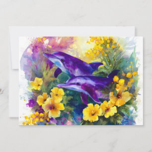 Aquarel Oceaan Dolfijnen Tropische Bloemen Aankondiging