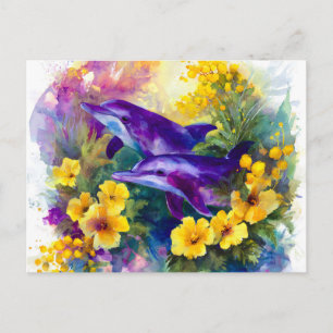 Aquarel Oceaan Dolfijnen Tropische Bloemen Aankondigingskaart