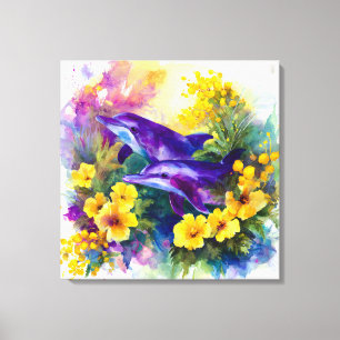 Aquarel Oceaan Dolfijnen Tropische Bloemen Canvas Afdruk