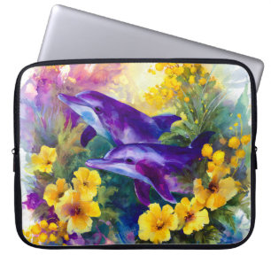 Aquarel Oceaan Dolfijnen Tropische Bloemen Laptop Sleeve