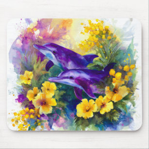 Aquarel Oceaan Dolfijnen Tropische Bloemen Muismat