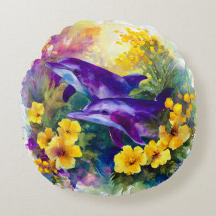 Aquarel Oceaan Dolfijnen Tropische Bloemen Rond Kussen