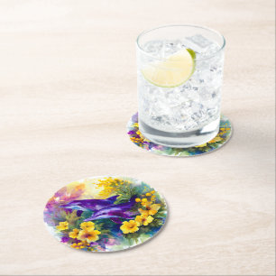 Aquarel Oceaan Dolfijnen Tropische Bloemen Ronde Kartonnen Onderzetter
