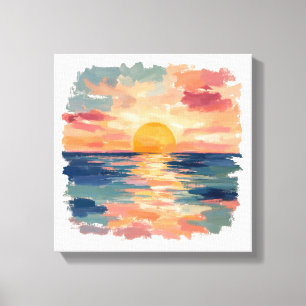 Aquarel Oceaan Zonsondergang Kunst Canvas Afdruk