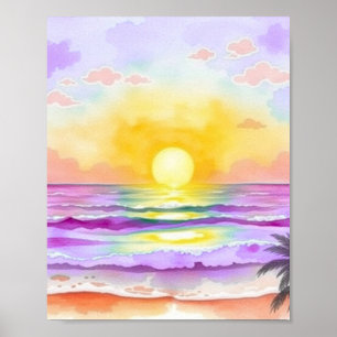 Aquarel Oceaan Zonsondergang Poster Zachte Gouden