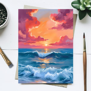 Aquarel Oceaan Zonsondergang Schilderij Strandgolv Briefkaart
