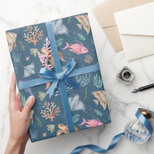Aquarel Oceaanleven Gestructureerd Donkerblauw Cadeaupapier
