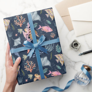 Aquarel Oceaanleven Gestructureerd Donkerblauw Cadeaupapier