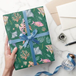 Aquarel Oceaanleven Gestructureerd Donkergroen Cadeaupapier