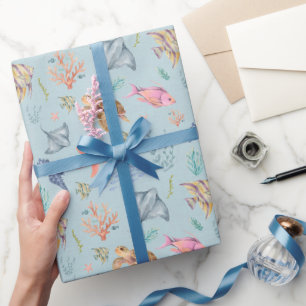 Aquarel Oceaanleven Gestuctuurde Pastelblauw Cadeaupapier