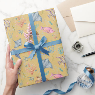 Aquarel Oceaanleven Getextureerd Geel Cadeaupapier