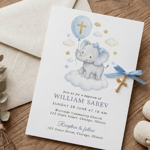 Aquarel Olifant Doopkruis en Wolken Blauw Kaart