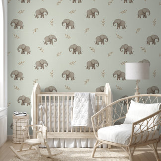 Aquarel Olifanten Stof Groen Babykamer Patroon Behang