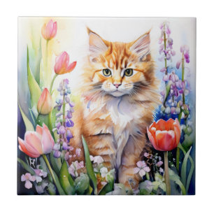 Aquarel Oranje Poes Kitten In Bloementuin Tegeltje