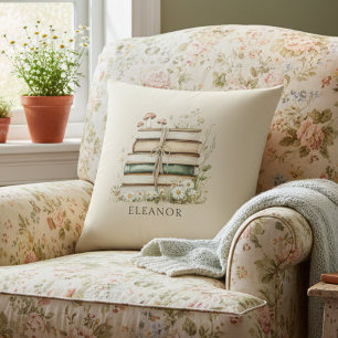 Aquarel Oude Boeken en Wilde Bloemen Kussen