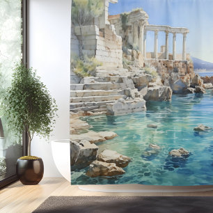 Aquarel Oude Griekse Kust Ruïnes Douchegordijn