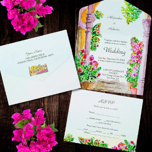 Aquarel Oude Stad & Bloemen Mexico Trouwdag All In One Uitnodiging