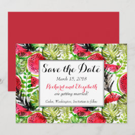 Aquarel palmbladeren watermeloen Save the Date Kaart
