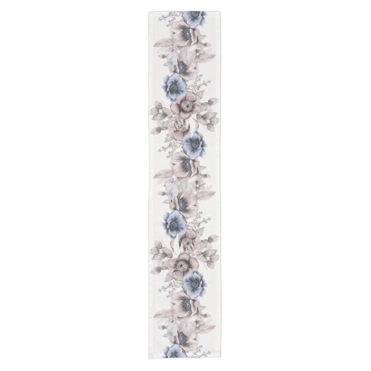 Aquarel Pastel Blauw Beige bloemen Elegant Korte Tafelloper (Voorkant)