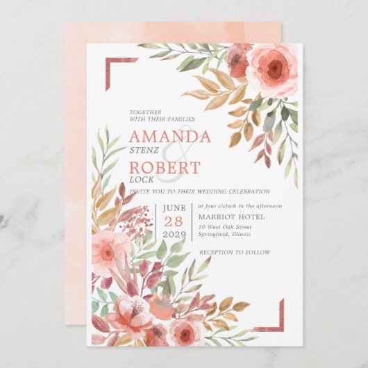 Aquarel Perzik Blozende Roze Bloemrijke Lente Brui Kaart (Voorkant / Achterkant)