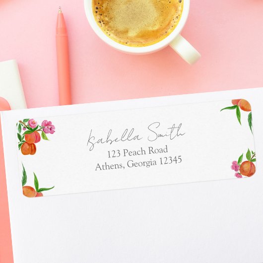 Aquarel Perzik Cake Met Bloesems  Etiket