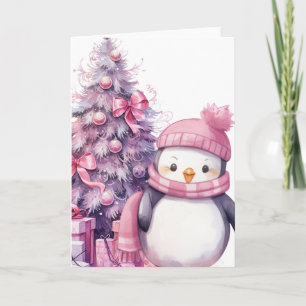Aquarel Pinguïn & Roze Kerstboom Kaart