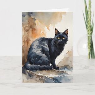 Aquarel Portret van Zwarte Kat Lege Wenskaart Kaart