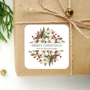 Aquarel Prettig Kerstmis Bloemstuk Magnolia Bessen Vierkante Sticker