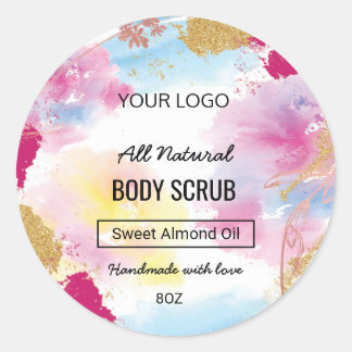 Aquarel productetiket voor body scrub ronde sticker