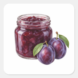Aquarel pruimenjam pot en rijpe pruimen vierkante sticker
