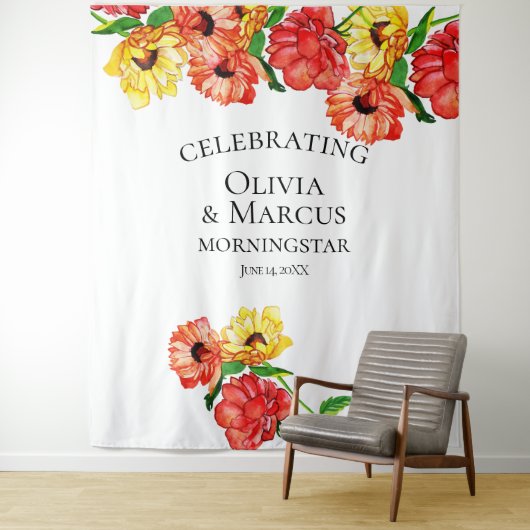 Aquarel Rood en Geel Bloemmotief Foto Achtergrond Wandkleed (In situ)